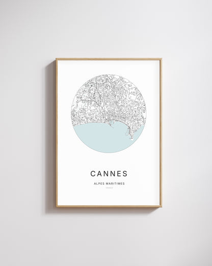 Affiche minimaliste de Cannes – carte et plan de la ville, poster décoratif City Origin.
