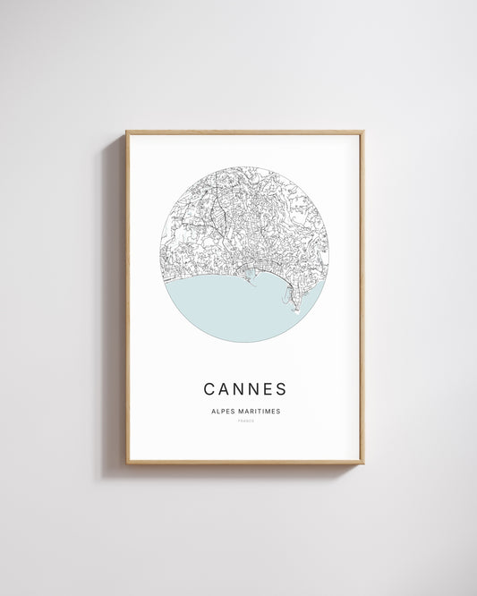Affiche minimaliste de Cannes – carte et plan de la ville, poster décoratif City Origin.