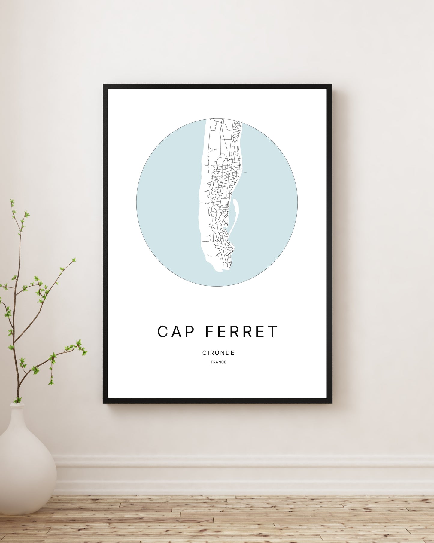Affiche plan minimaliste du Cap Ferret encadrée en noir