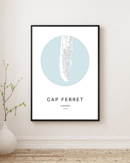 Affiche plan minimaliste du Cap Ferret encadrée en noir