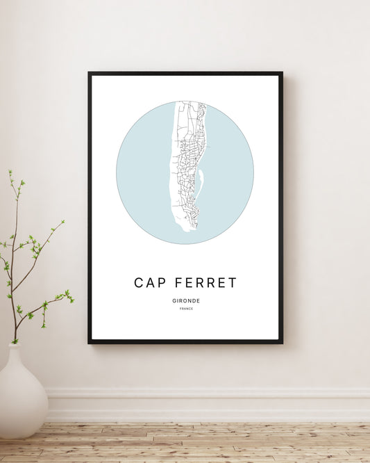 Affiche plan minimaliste du Cap Ferret encadrée en noir