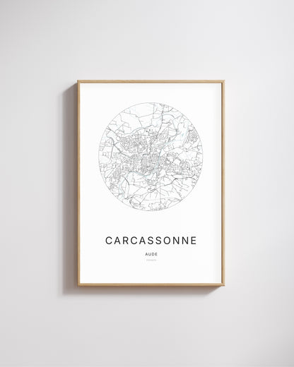 Affiche minimaliste de Carcassonne – carte et plan de la ville, poster décoratif City Origin.