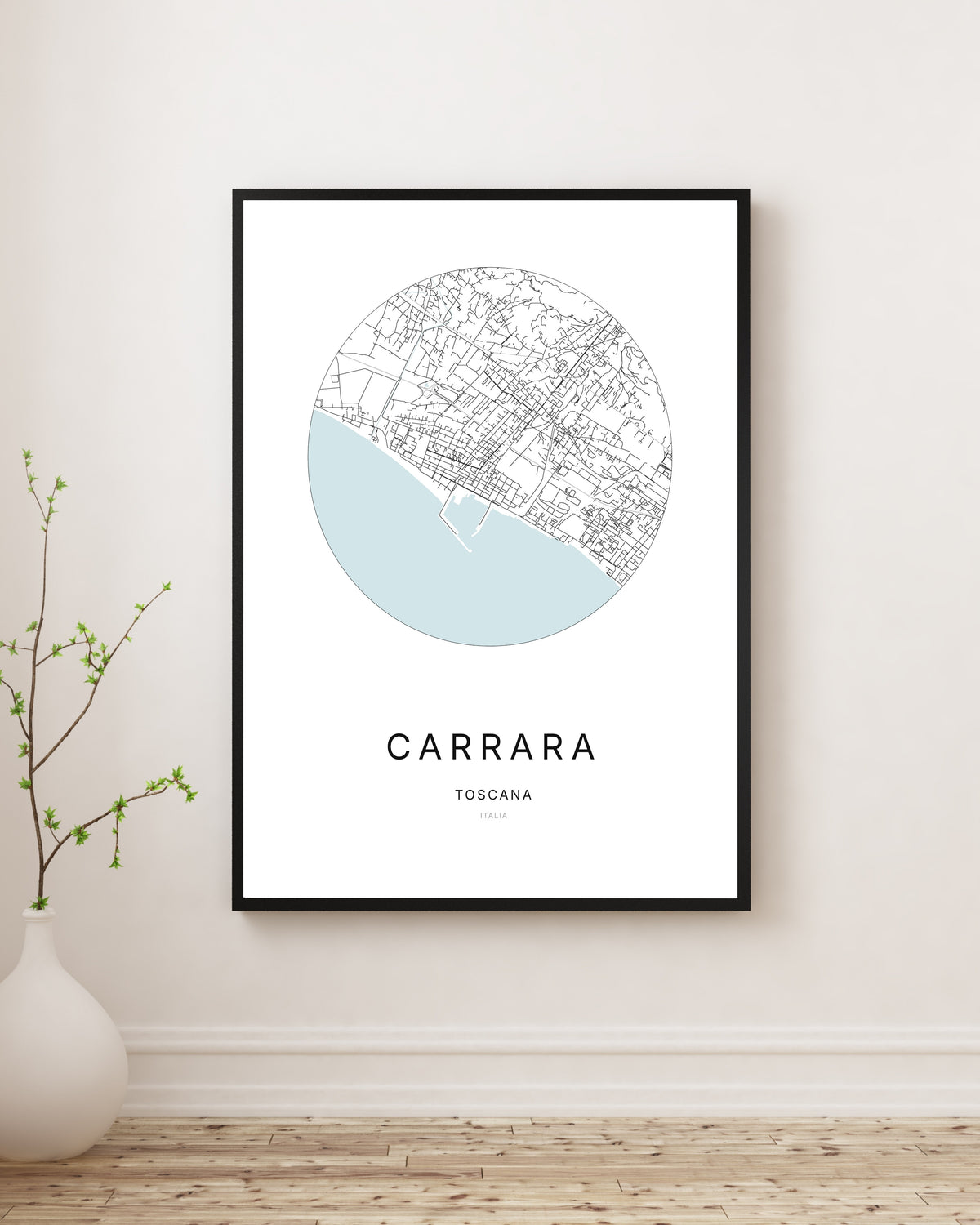 Affiche minimaliste du plan de la ville de Carrara.