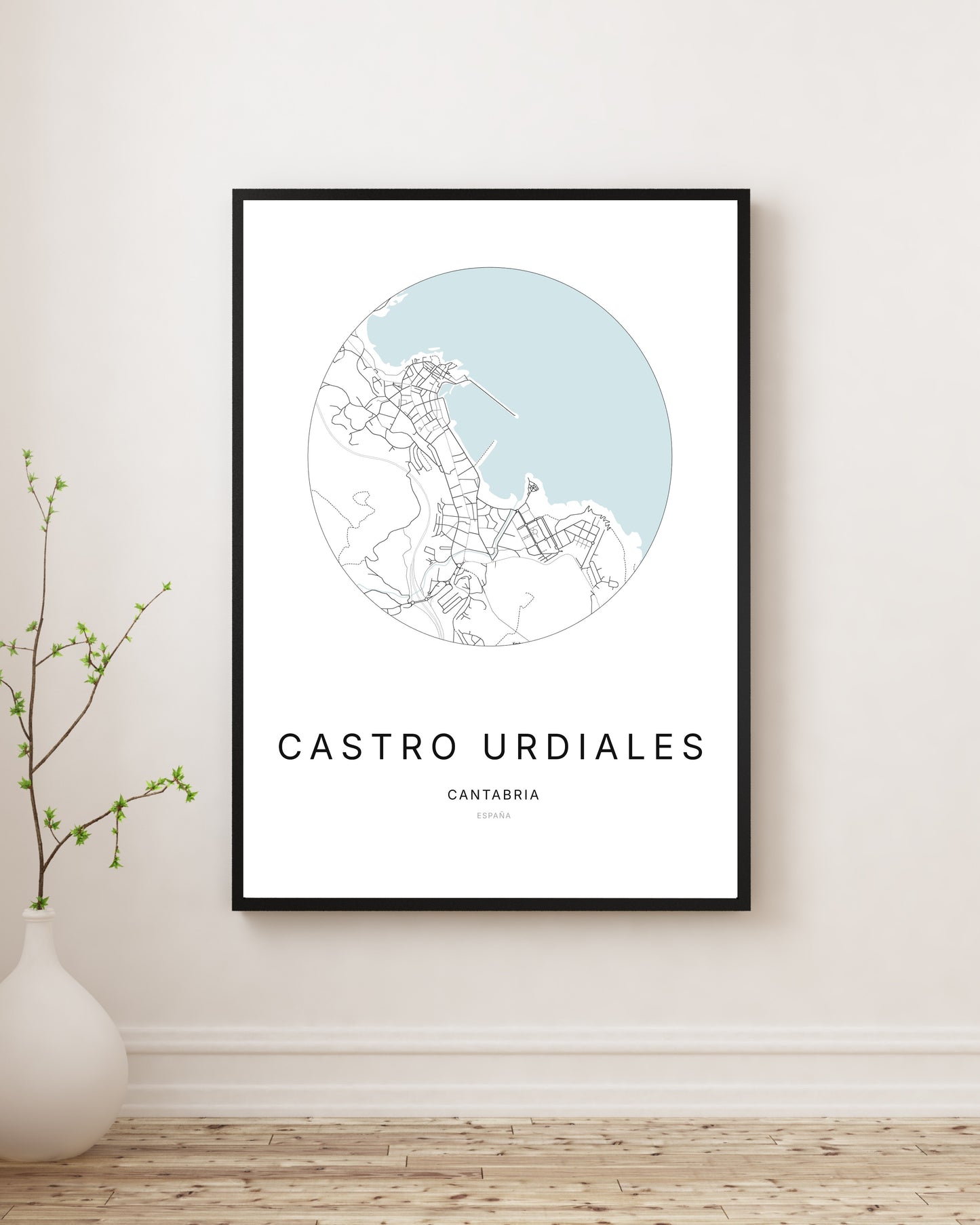Affiche minimaliste du plan de la ville de Castro Urdiales.