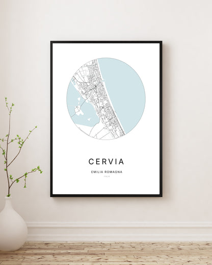 Affiche minimaliste du plan de la ville de Cervia.