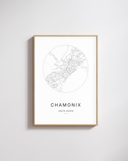 Affiche minimaliste de Chamonix – carte et plan de la ville, poster décoratif City Origin.