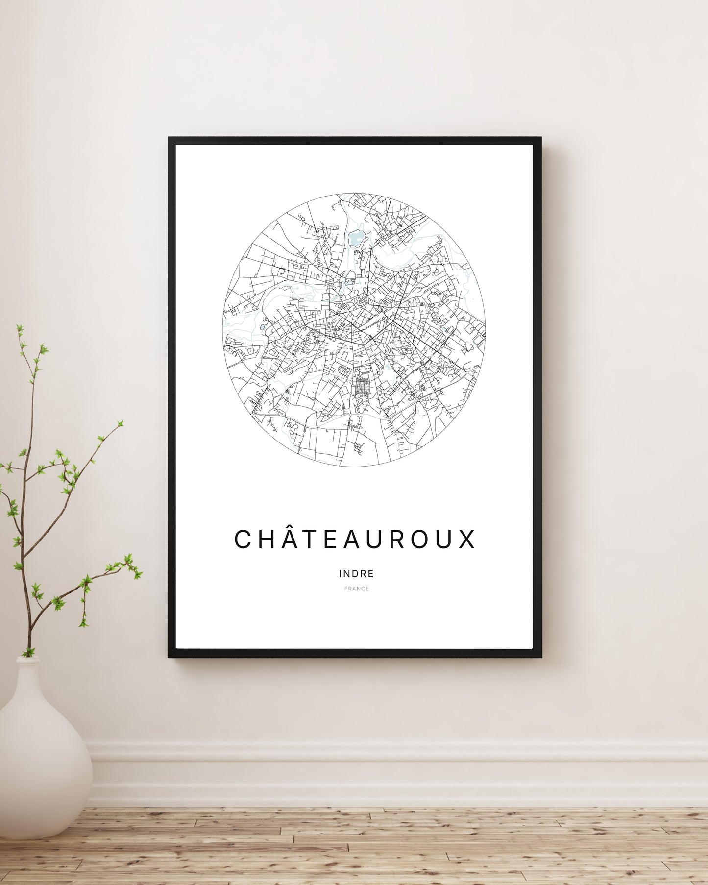 Affiche plan de ville minimaliste de Châteauroux encadrée en noir.