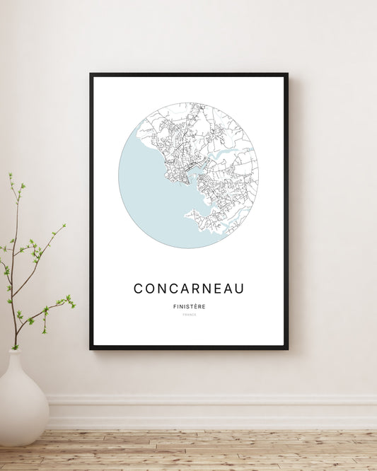 Affiche plan de ville minimaliste de Concarneau encadrée en noir.