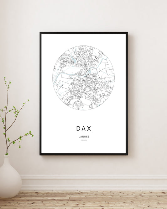 Affiche plan de ville minimaliste de Dax encadrée en noir.