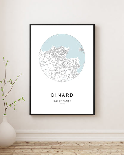 Affiche plan de ville minimaliste de Dinard encadrée en noir