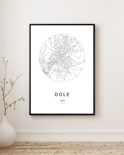 Affiche plan de ville minimaliste de Dole encadrée en noir.