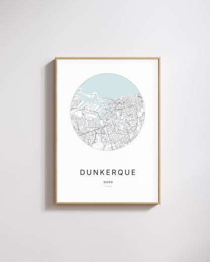 Affiche minimaliste de Dunkerque – carte et plan de la ville, poster décoratif City Origin.
