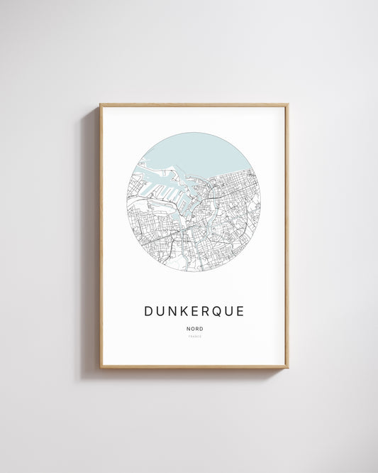 Affiche minimaliste de Dunkerque – carte et plan de la ville, poster décoratif City Origin.