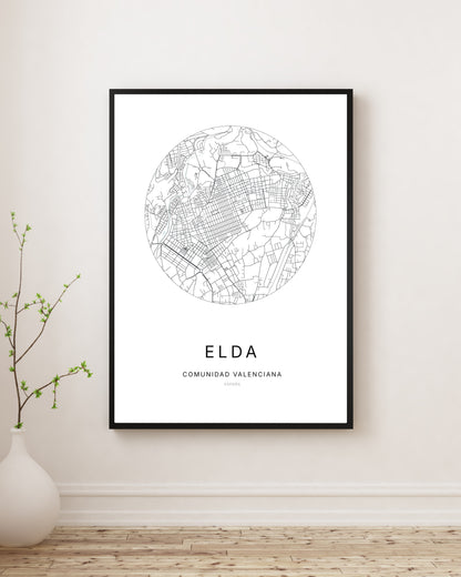 Affiche minimaliste du plan de la ville d’Elda.