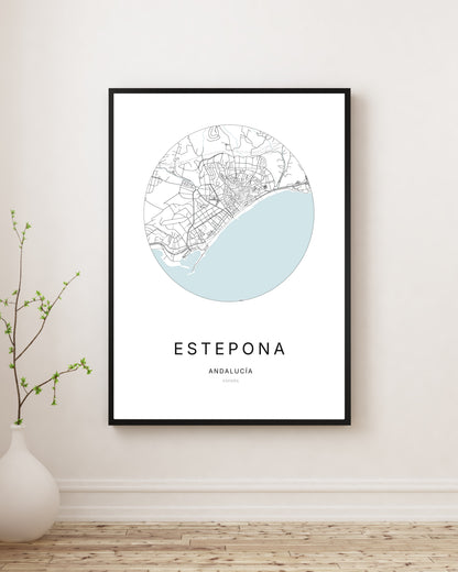 Affiche minimaliste du plan de la ville d'Estepona.