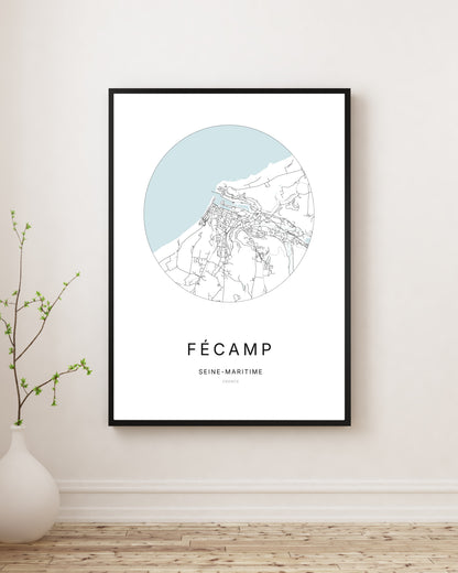 Affiche plan de ville minimaliste de Fécamp encadrée en noir.