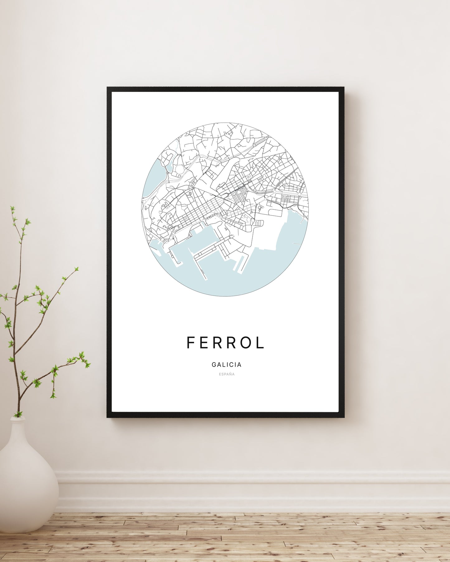 Affiche minimaliste du plan de la ville de Ferrol.