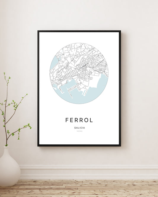 Affiche minimaliste du plan de la ville de Ferrol.