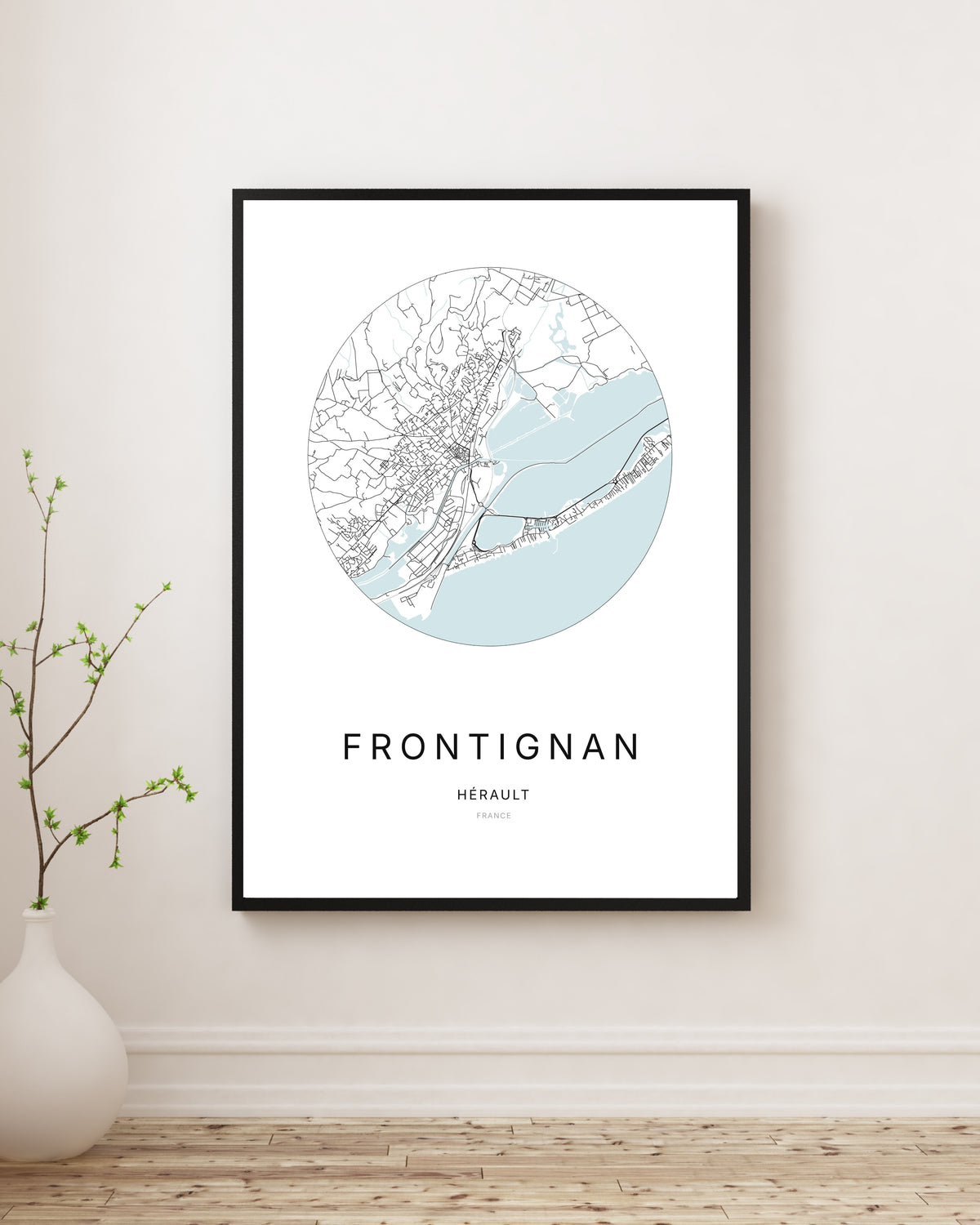 Affiche minimaliste du plan de la ville de Frontignan.