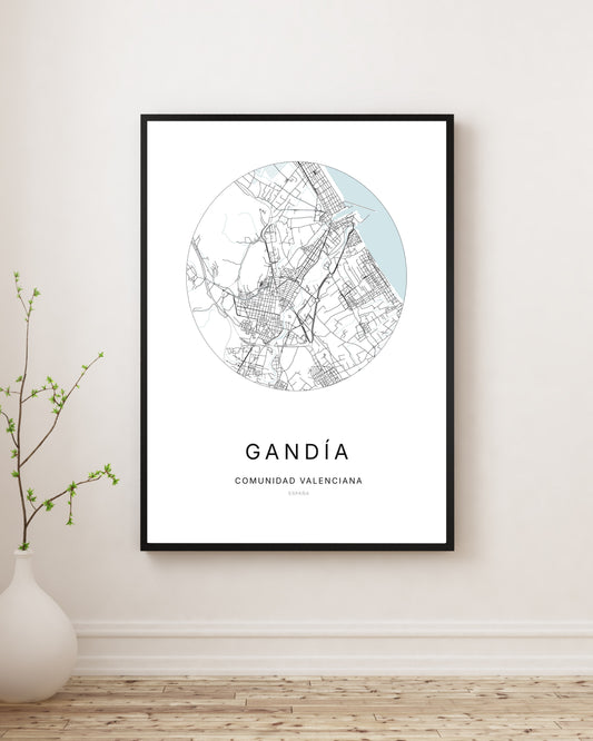 Affiche minimaliste du plan de la ville de Gandía.