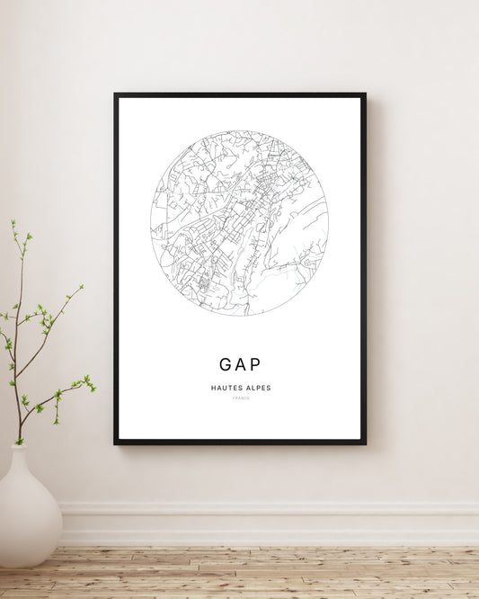 Affiche plan de ville minimaliste de Gap encadrée en noir.
