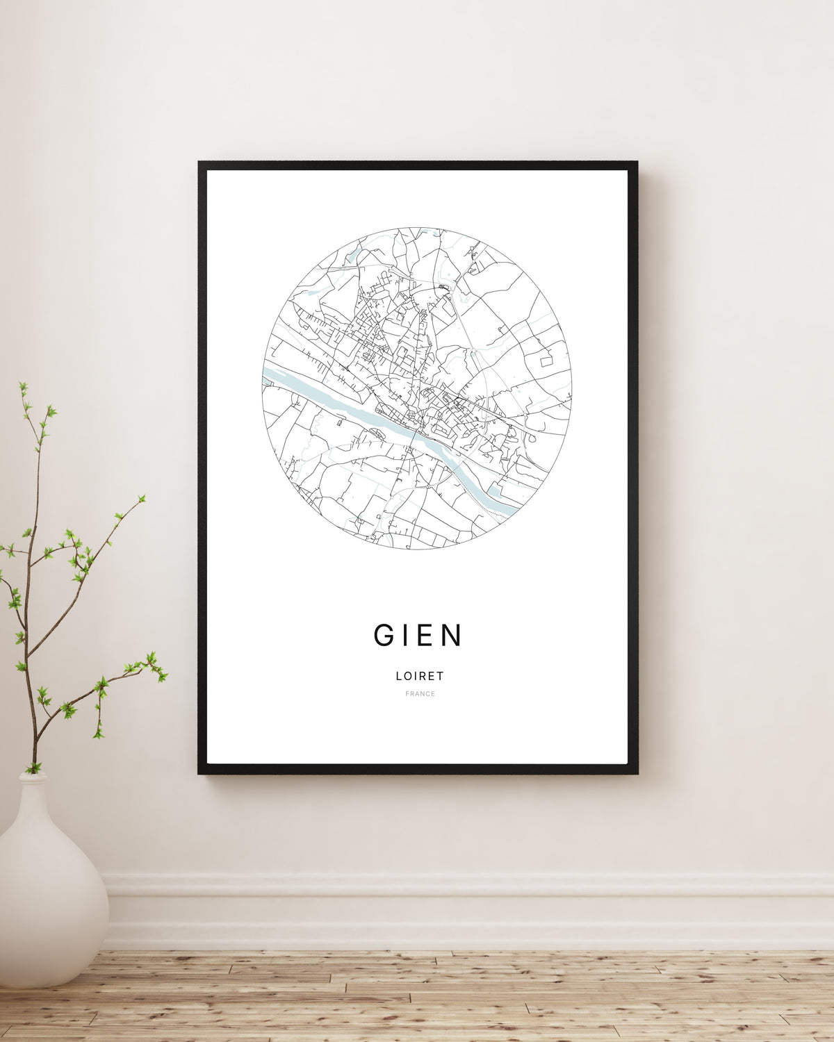 Affiche minimaliste du plan de la ville de Gien.