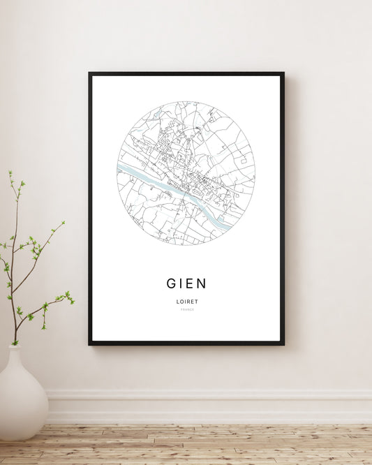 Affiche minimaliste du plan de la ville de Gien.