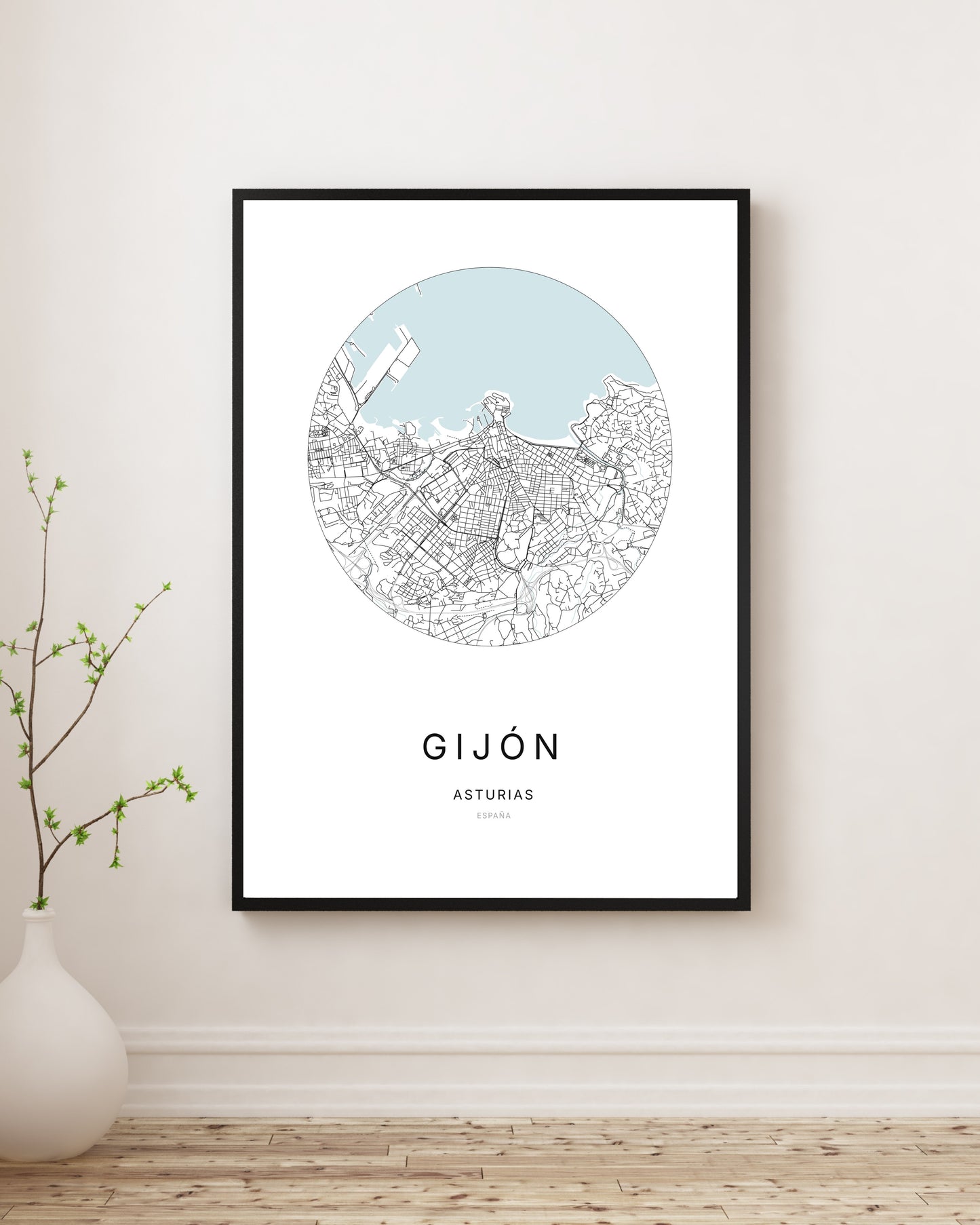 Affiche minimaliste du plan de la ville de Gijón.