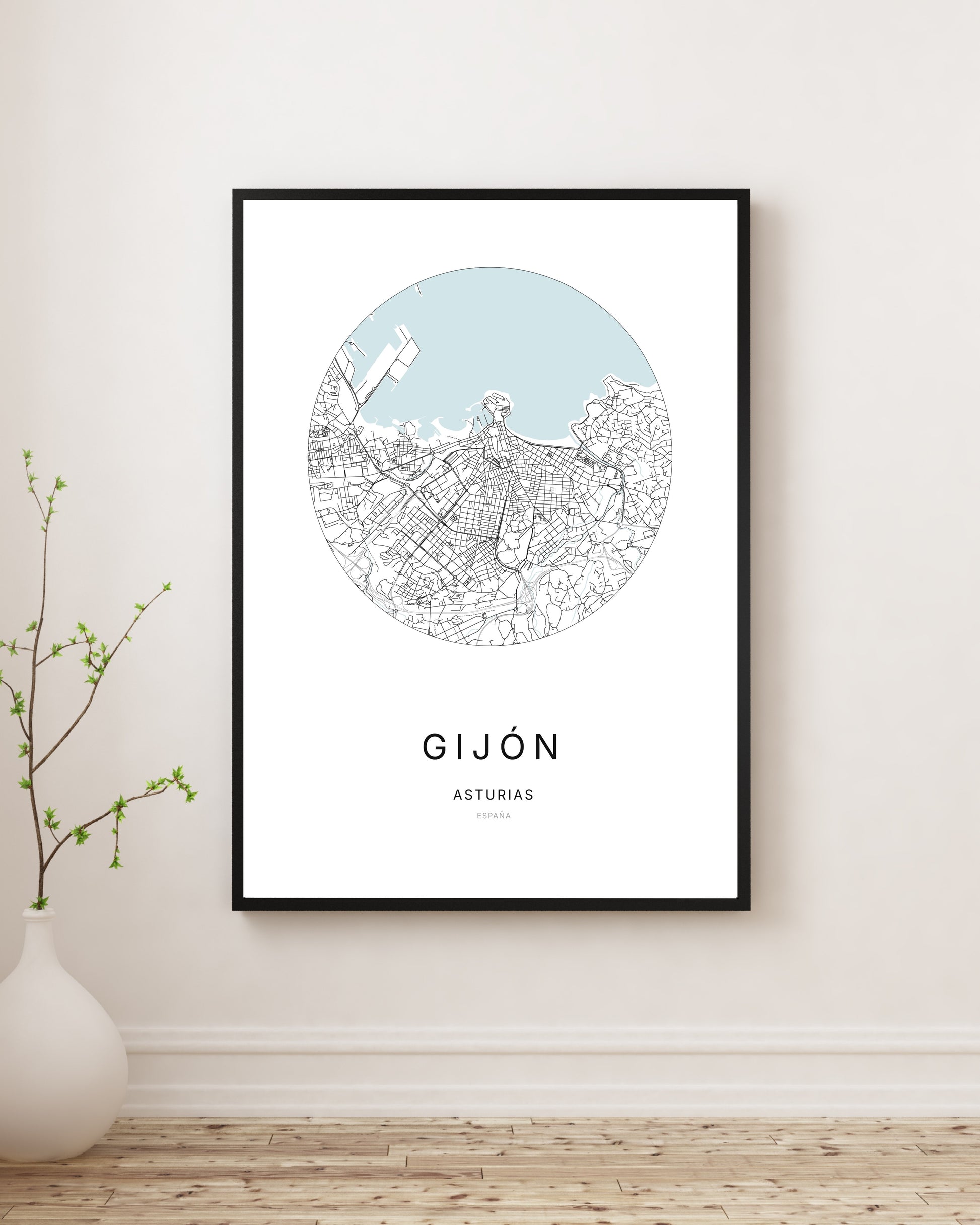 Affiche minimaliste du plan de la ville de Gijón.