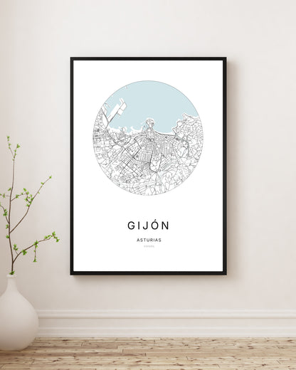 Affiche minimaliste du plan de la ville de Gijón.