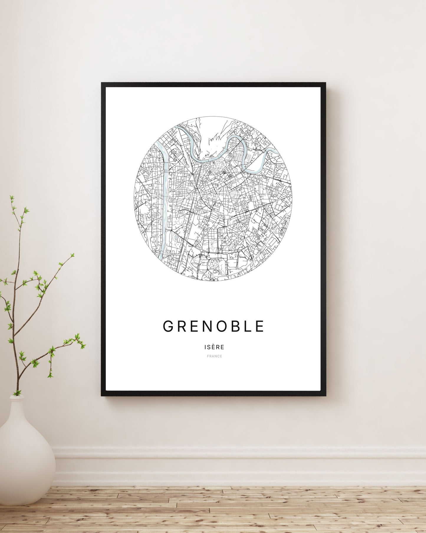 Affiche plan de ville minimaliste de Grenoble encadrée en noir