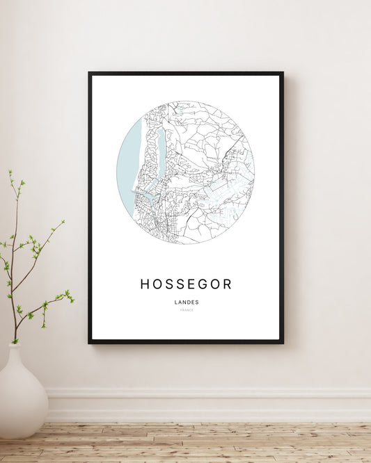 Affiche plan de ville minimaliste de Hossegor encadrée en noir