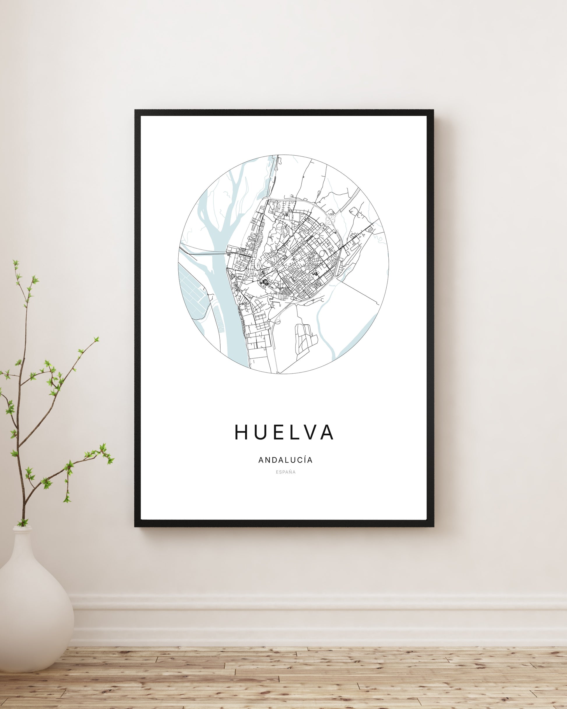 Affiche minimaliste du plan de la ville de Huelva.