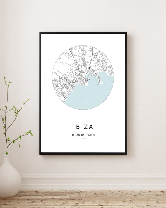Affiche minimaliste du plan de la ville d'Ibiza.