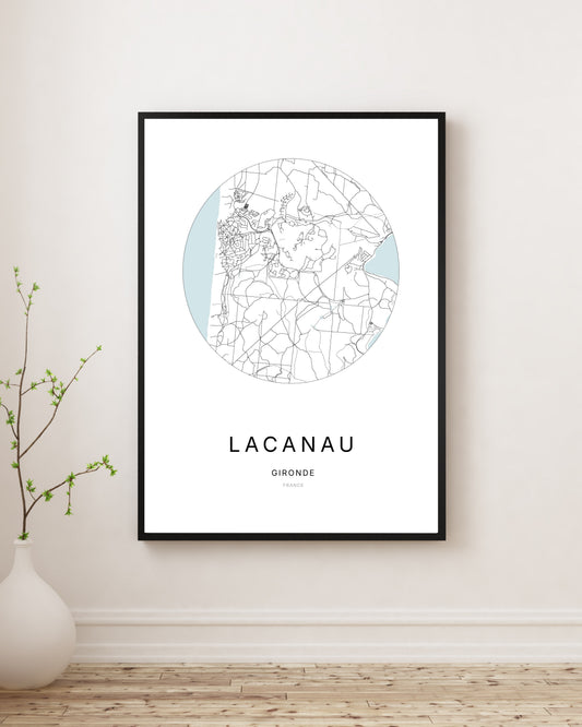 Affiche plan de ville minimaliste de Lacanau encadrée en noir.