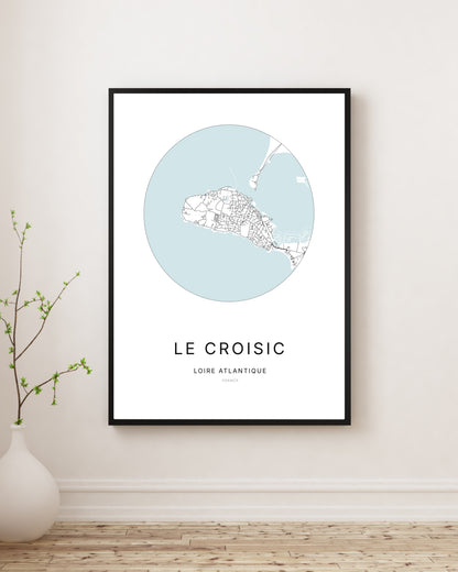 Affiche plan de ville minimaliste du Croisic encadrée en noir.