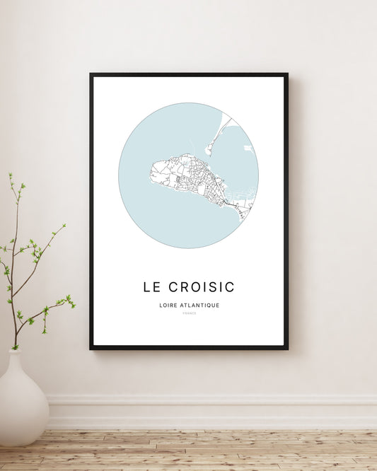 Affiche plan de ville minimaliste du Croisic encadrée en noir.