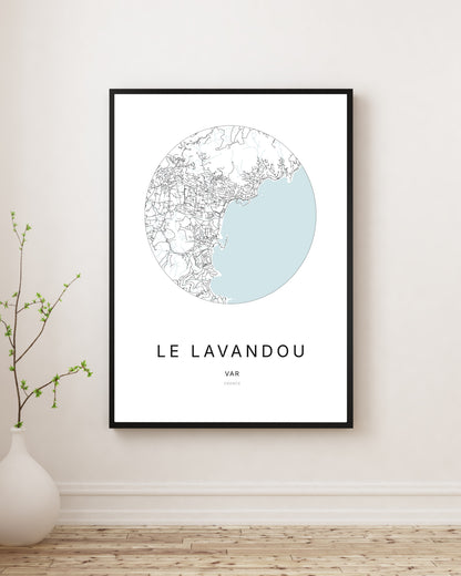 Affiche minimaliste du plan de la ville de Le Lavandou.