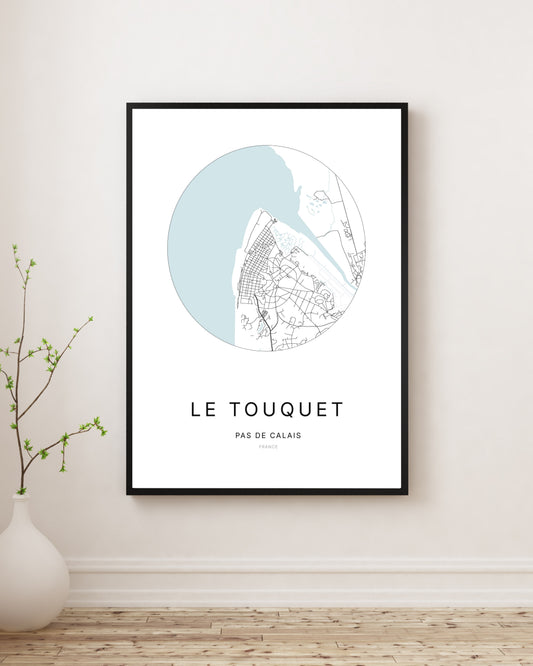 Affiche plan de ville minimaliste de Le Touquet encadrée en noir.