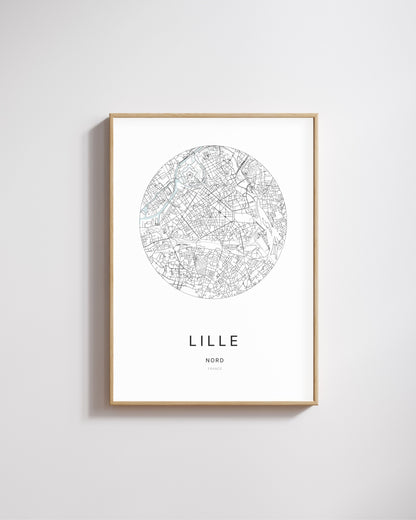 Affiche minimaliste de Lille – carte et plan de la ville, poster décoratif City Origin.