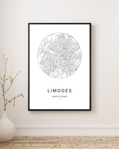 Affiche plan de ville minimaliste de Limoges encadrée en noir