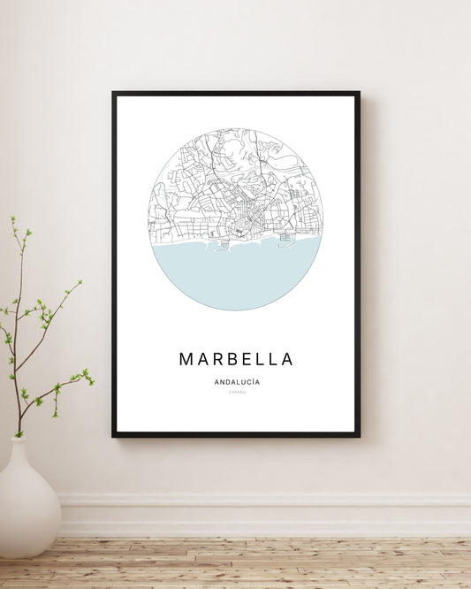 Affiche minimaliste du plan de la ville de Marbella.