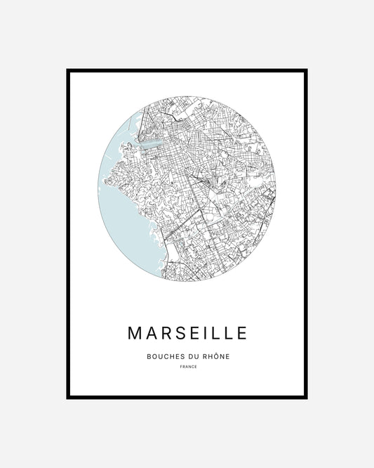 Affiche de la ville de Marseille au design minimaliste, idéale pour une décoration intérieure élégante.