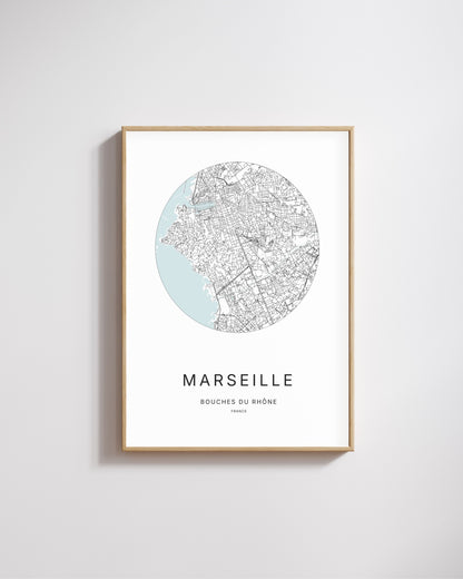 Affiche minimaliste de Marseille – carte et plan de la ville, poster décoratif City Origin.