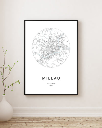 Affiche plan de ville minimaliste de Millau encadrée en noir.