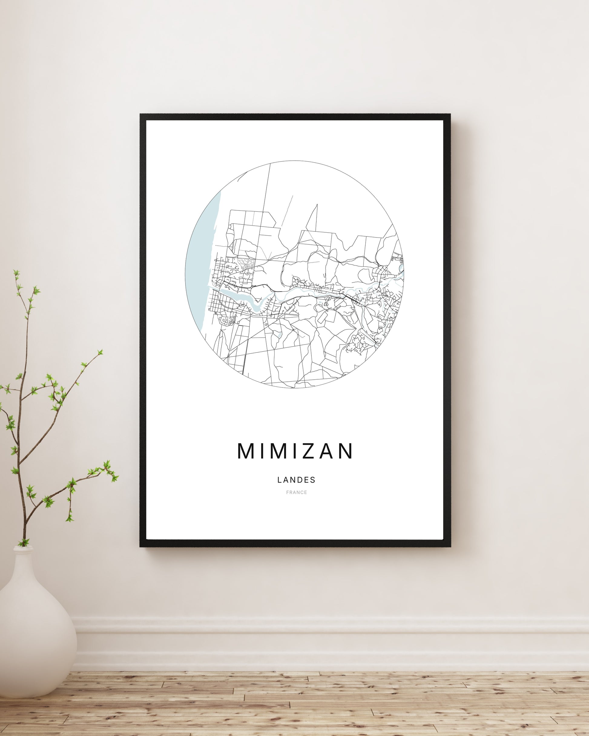 Affiche plan de ville minimaliste de Mimizan encadrée en noir.