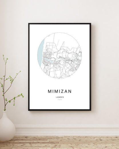 Affiche plan de ville minimaliste de Mimizan encadrée en noir.