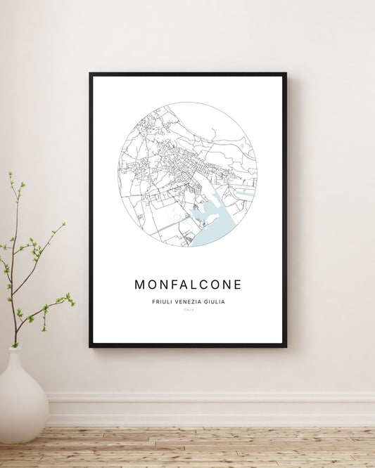 Affiche minimaliste du plan de la ville de Monfalcone.