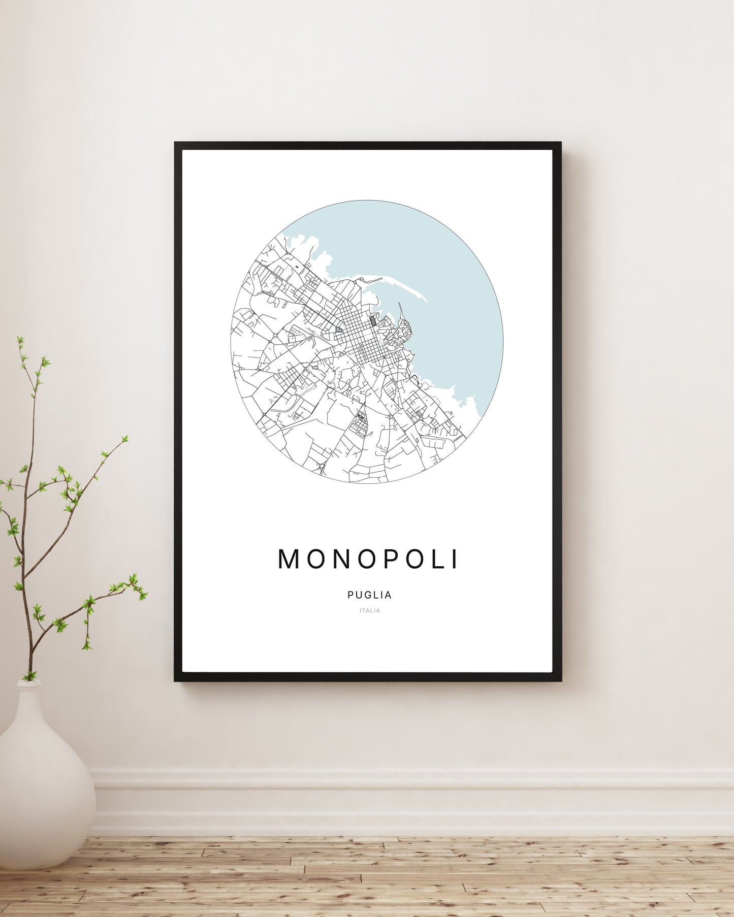 Affiche minimaliste du plan de la ville de Monopoli.