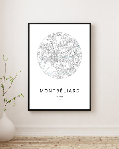 Affiche minimaliste du plan de la ville de Montbéliard.